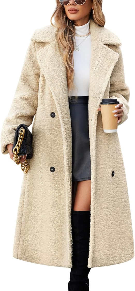 Women Fleece Long Coat Sherpa Cardigan Lapel Trench Jacket Oversized Button Faux Fur Fall Winter Outfit with Pocket