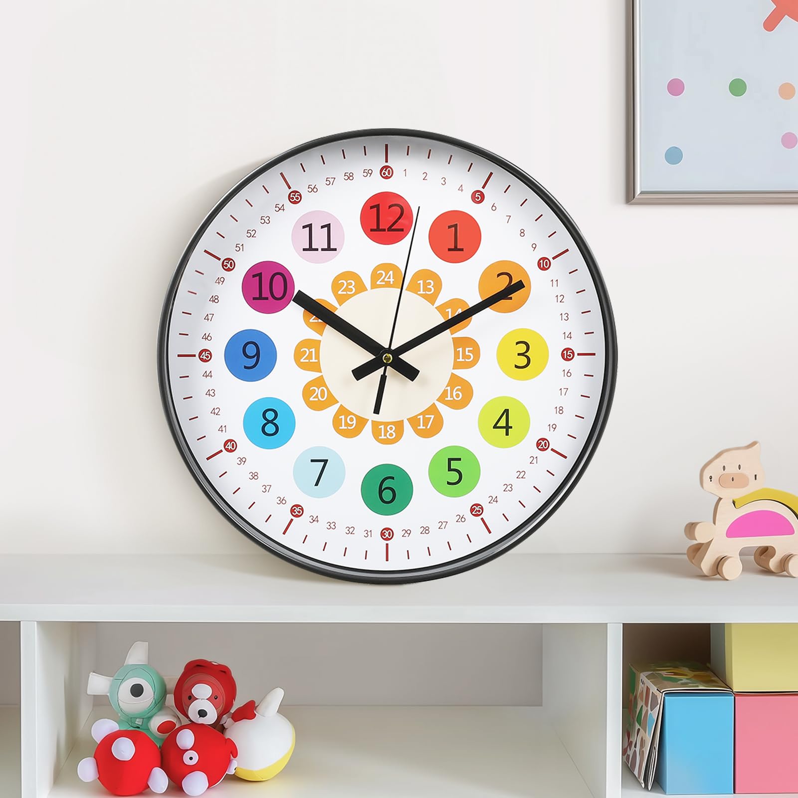 Warmiehomy Wall Clock 30 cm Colourful Numbers, Large Wall Clocks, Modern Wall Clock without Ticking Noise, Children's Clock Wall, Silent Learning Clock, Silent Kitchen Clocks for Children's Room,