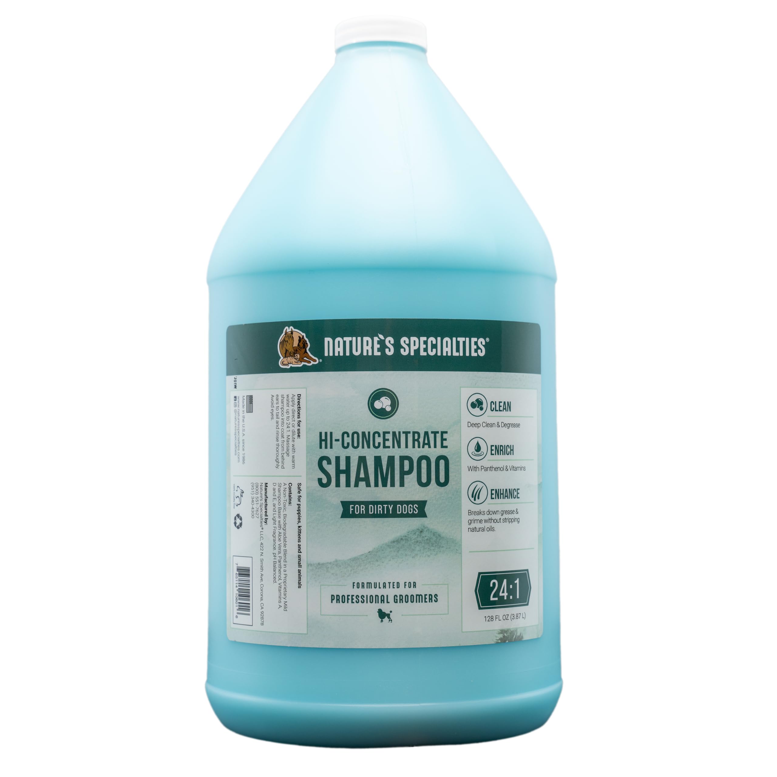 Nature's Specialties High Concentrate Ultra Concentrated Dog Shampoo for Pets, Makes up to 16 Gallons, Natural Choice of Professional Groomers, Leaves Your Pet with a Shiny Coat, Made in USA, 1 gal