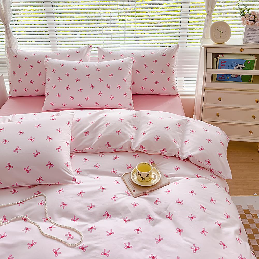 Covebett Duvet Cover Double Pink Bow Heart Bows Bowknot Print Kawaii Bedding Set Kids Girls Cute Pink White Bow Tie Microfiber Comforter Cover 200x200 cm with Zipper Closure and 2 Pillowcases 50x75 cm — image 1