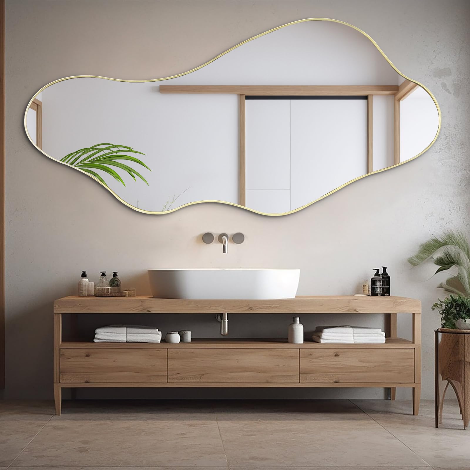 Photo 1 of ** FACTORY SEALED ** DAOYIJIAJU Large Irregular Wall Mirror, 63"x29.2" Asymmetrical Full Length Mirror with Gold Metal Frame, Organic Shaped Mirrors for Living Room Bedroom Hallway Entryway, Horizontal or Vertical Hanging