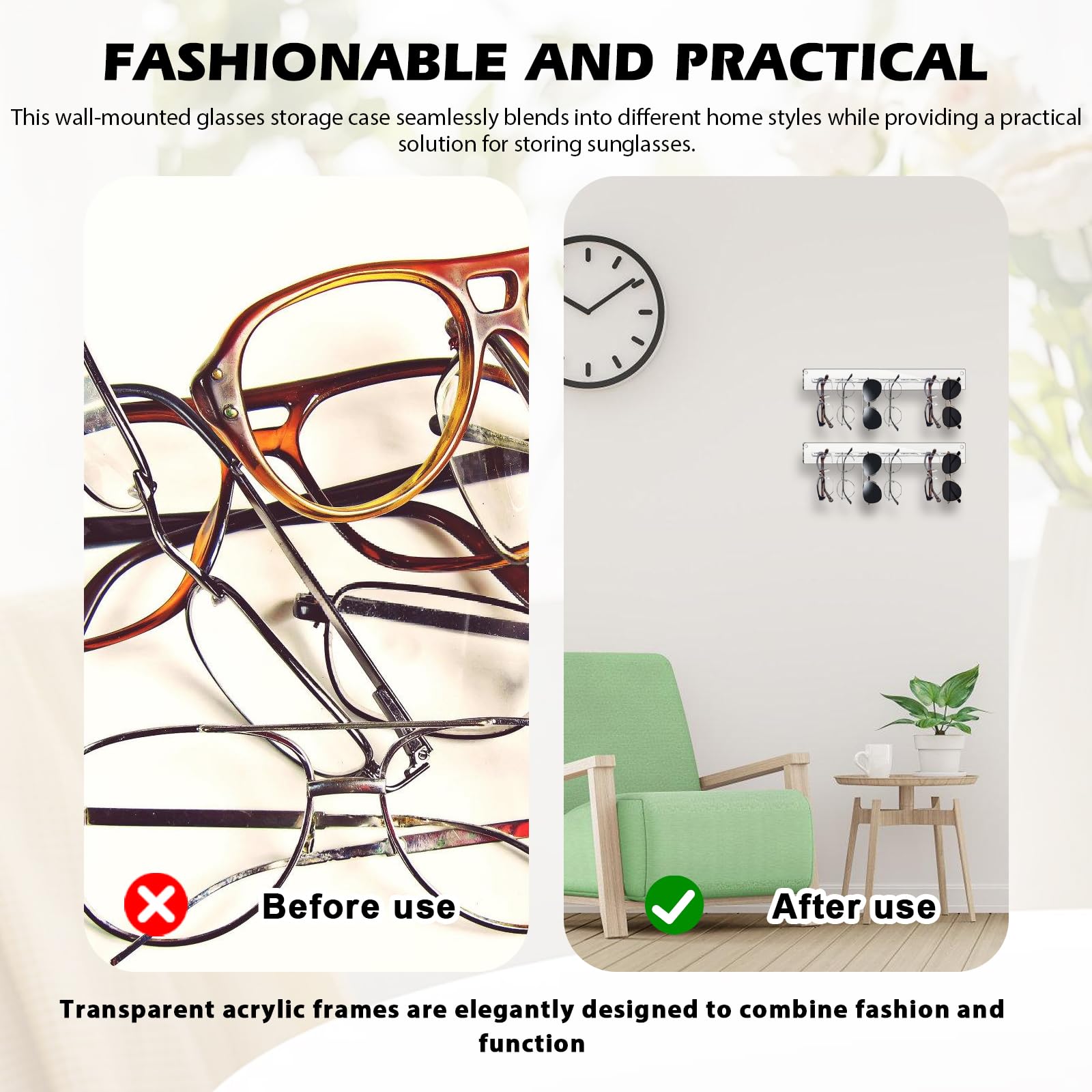 Organizer da Parete per Occhiali da Sole: 3 pezzi Organizer per Occhiali da Sole in Acrilico, Porta Occhiali da Sole da Parete per 7 Paia di Occhiali, Decorazione per La Casa Display Porta