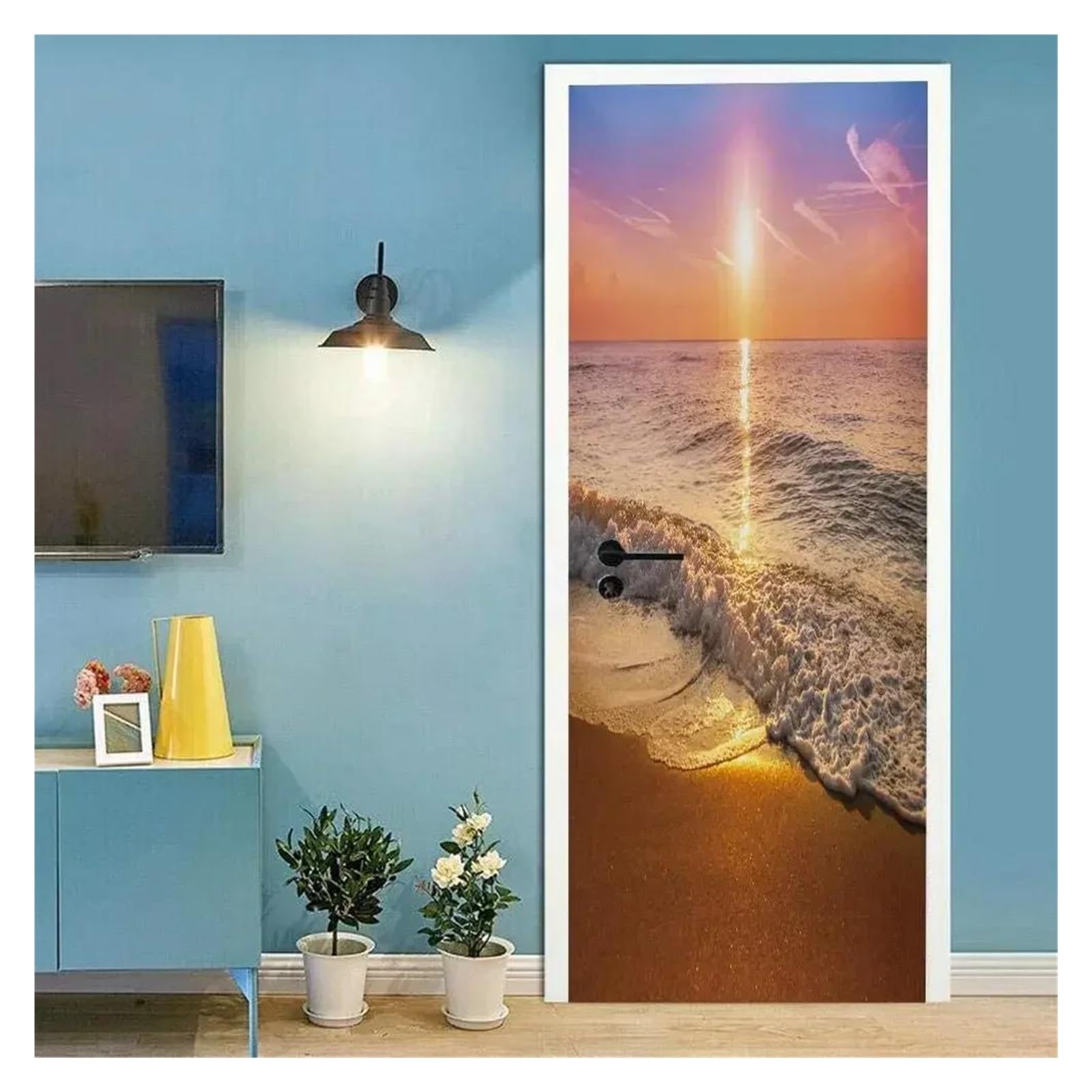 Sticker autocollant 3D de porte paysage océan hawaïen violet pour salon 40x120cm