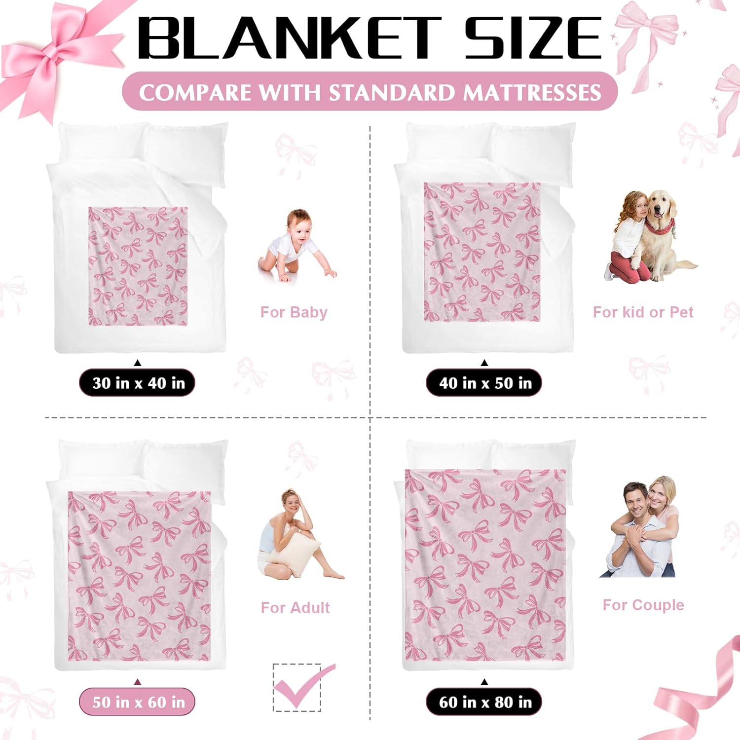 yuboo Pink Bow Throw Blanket, Easter Spring Gifts for Girls Women Teens, Soft Flannel Bow Blanket, Cute Pink Bow Bedding for Coquette Girly Preppy Spring Gift Decor, 50 x 60 Inch - Image 9
