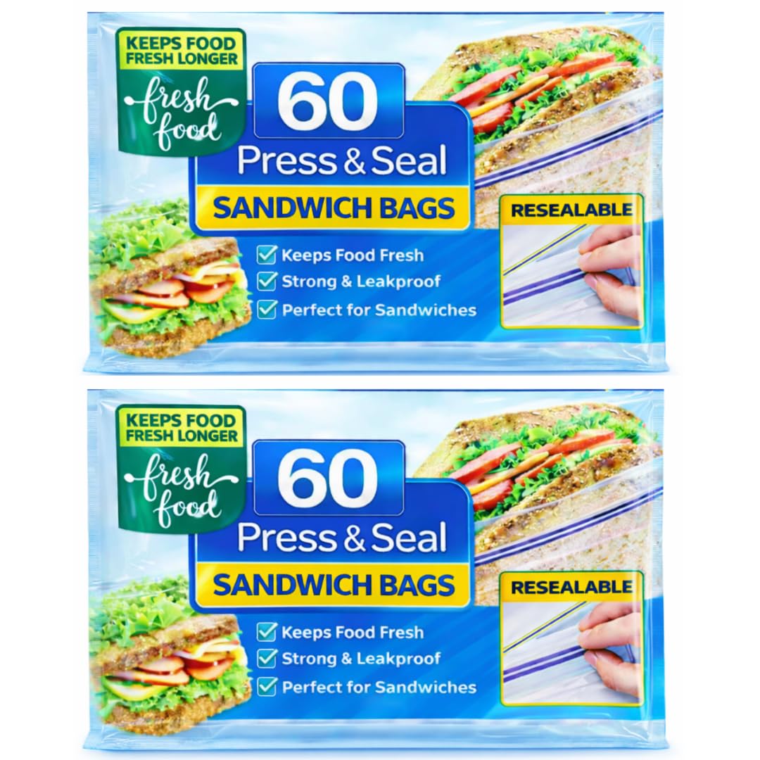 LND Gifts Sandwich Bags 2 Packs Of 60 (120 Bags In Total) Press And Seal Food Bags, Re-sealable Tab Closure Food Bag, Snack Bag.(17cm x 20.cm Approx.) Perfect for Storing Food, Fresher for Longer Bag