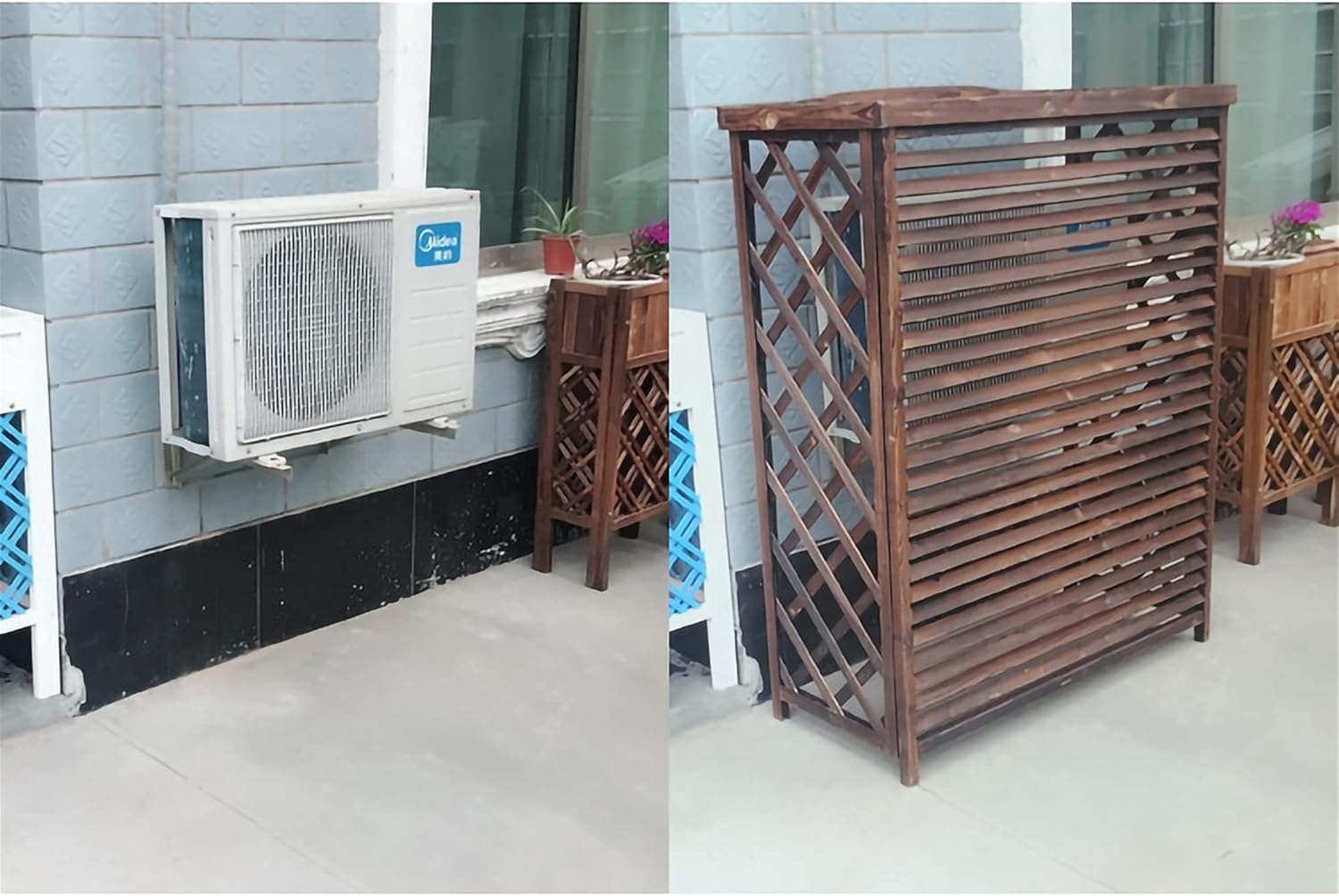 Air Conditioner Cover,Wooden air Conditioner Cover Outdoor Wooden Air Conditioner Rack, Grid Anti-Corrosion Wooden Air Conditioner Outer Cover Louvered, Solid Wood Air Conditioner Flower Stand