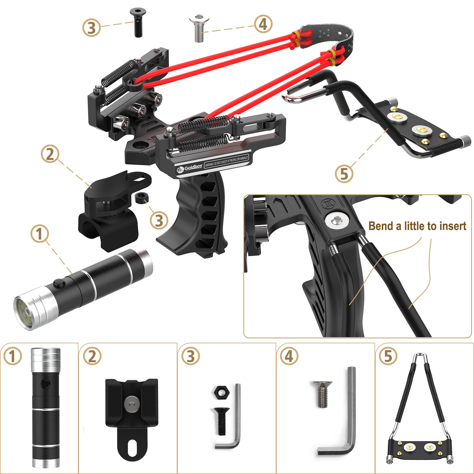 Goldboy Slingshot with Red Beam Sight, Wrist Rocket with Flashlight, Hunting Slingshot 4 Rubber Bands 220 Ammo Adults Black