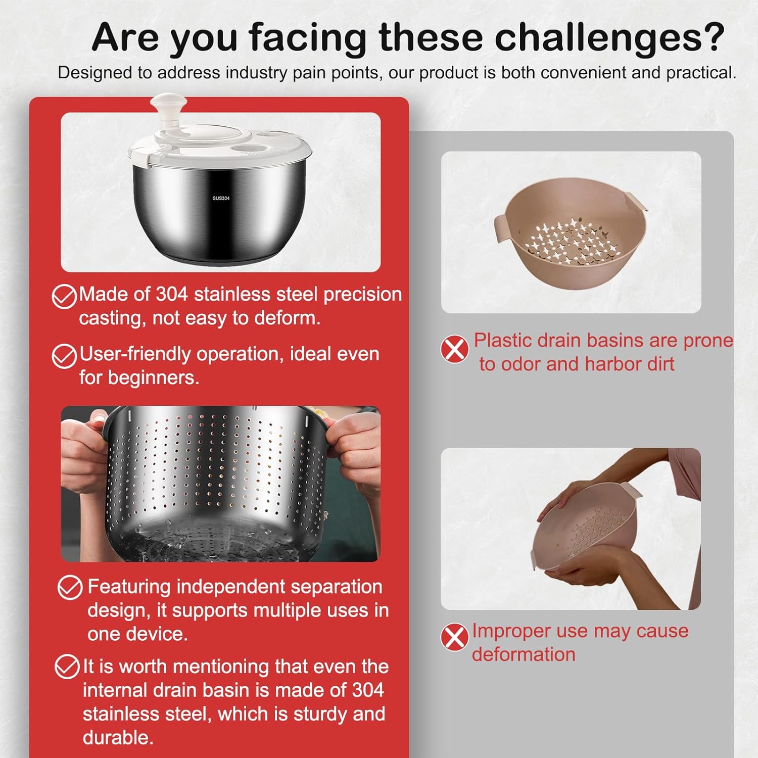 6L Stainless Steel Salad Dehydrator, Vegetable Washing Bowl,Lettuce Spinner, Fruit Washer,with 3 Grating Tools,Quick Spin Commercial Salad Spinner for Household