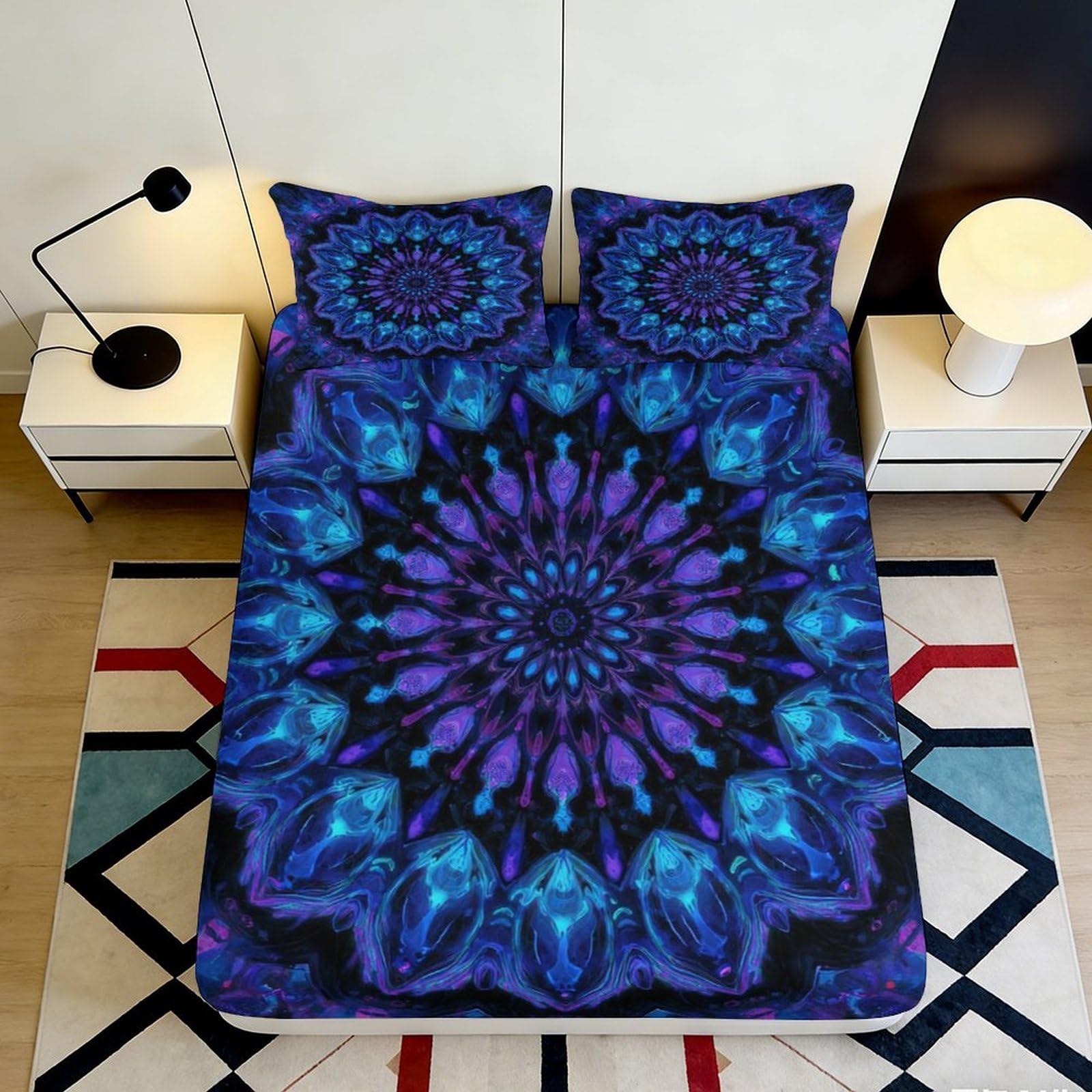 3D Printed Blue Purple Mandala Fitted Sheet Microfiber Soft Breathable Cosmic Nebula Mattress Cover for Bedroom Dormitory Guest Room Protection Decor 180x200x25cm