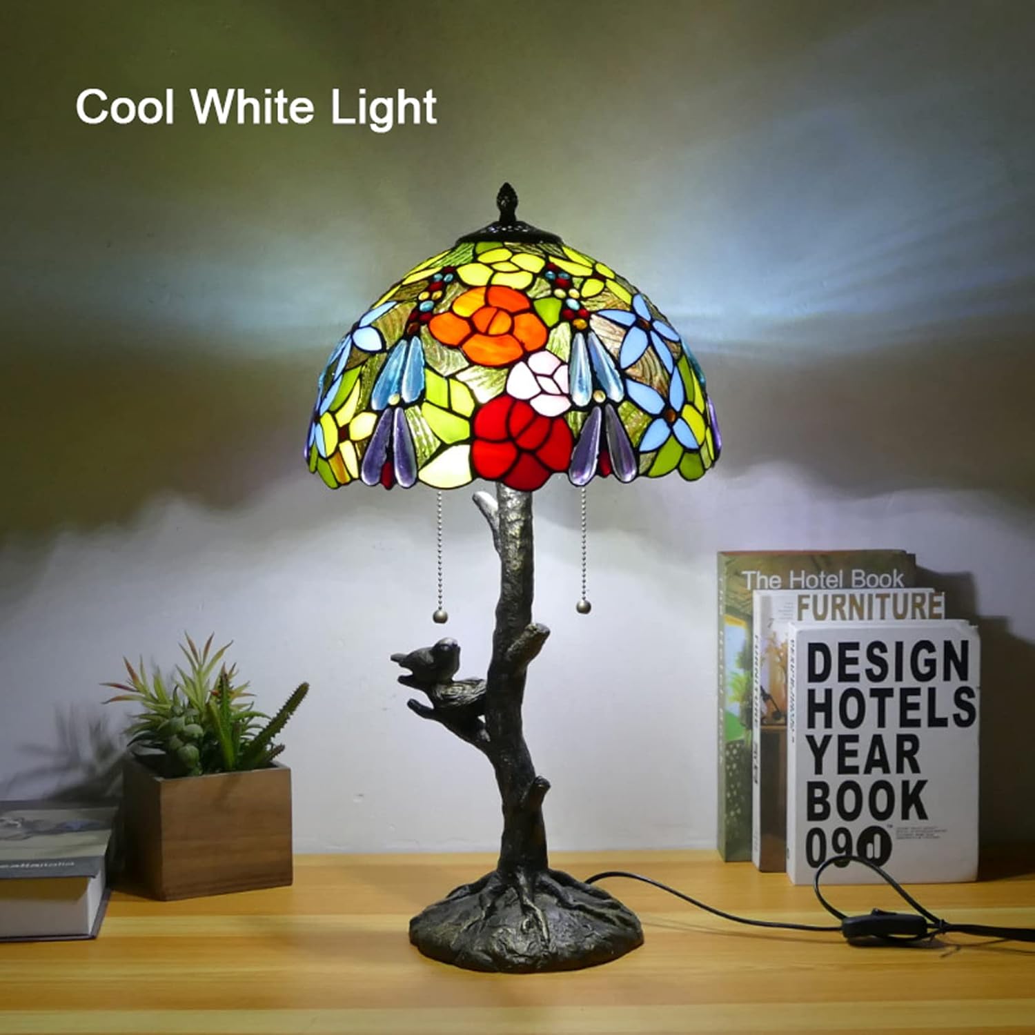 12 Inch Table Lamp in Tiffany Style Pastoral Floral Stained Glass Desk Lights Antique Cute Bird Base Reading Lights for Bedroom Living Room Cafe, E27*2,B