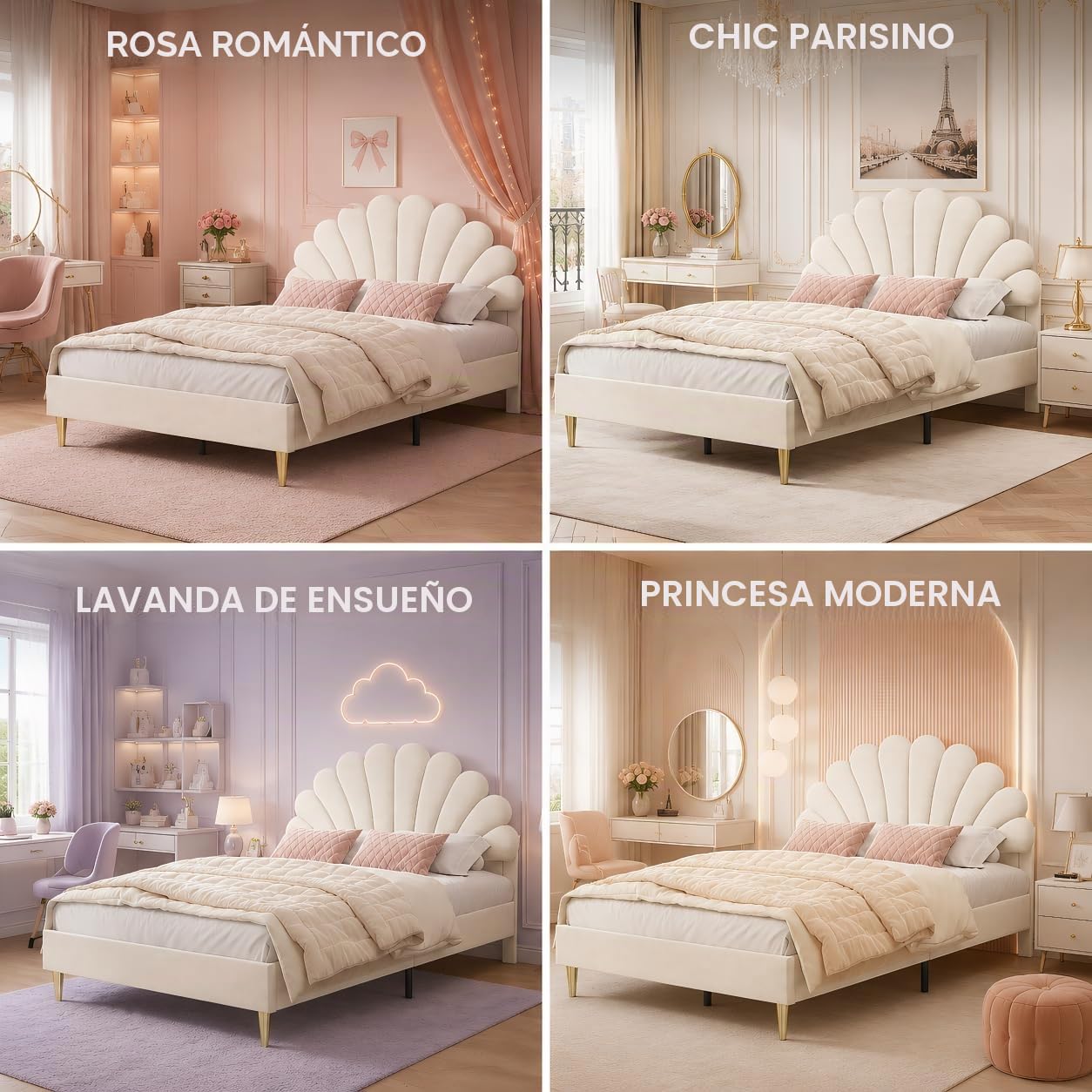 BRILVERDE Cama de matrimonio de 140 x 200 cm con cabecero de flores, marco de cama con somier de láminas, cama de princesa para niñas, cama para niños y adolescentes, terciopelo (beis, 140 x 200 cm)