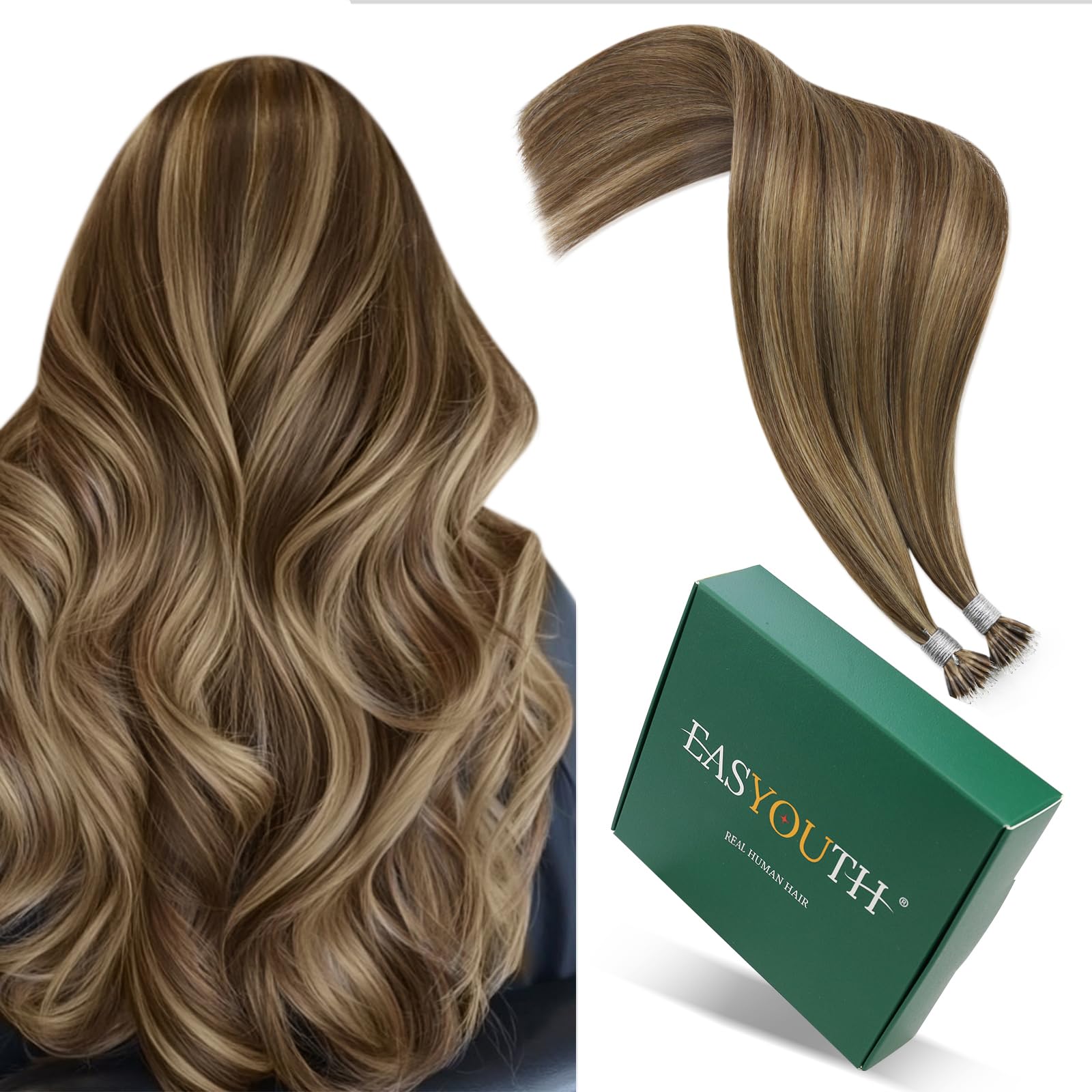 Easyouth Hair Extensions Nano Brown Highlight Nano Beads Hair Extensions Real Human Hair Medium Brown with Honey Blonde Nano Human Hair Extensions for Daily Life 16 Inch 50g/50s #P4/27