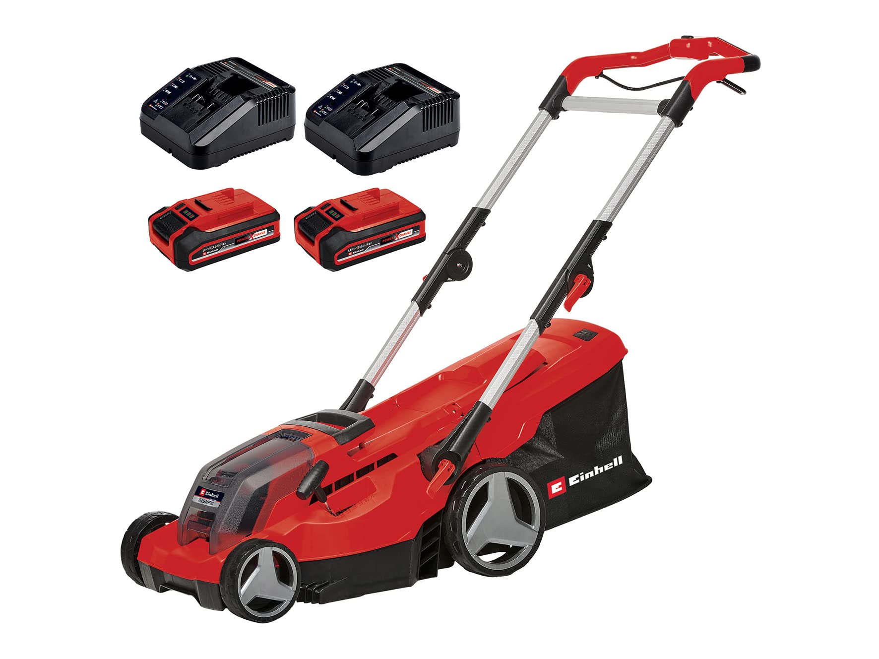 Akumulatorowa kosiarka Einhell RASARRO 36/36 Kit Power X-Change (36 V, szerokość cięcia 36 cm, do 400 m², kosz 45 l, wysokość cięcia 25-75 mm, w tym akumulatory 2 x 3,0 Ah Plus + 2x ładowarka) | PXC | 36 V | szerokość cięcia 36 cm | do 400 m² | kosz 45 l