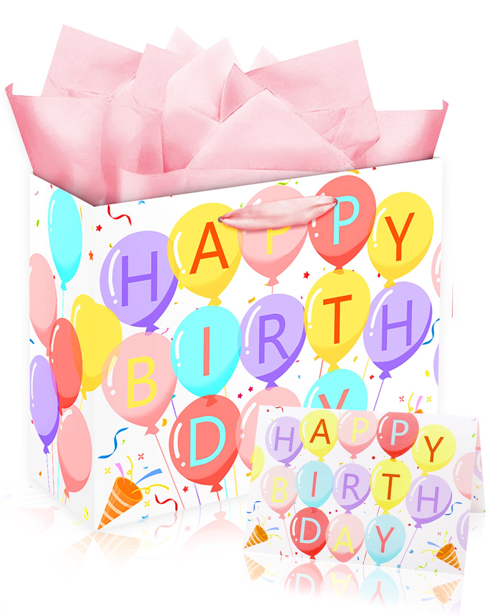 Woohookaka 13" Balloon Birthday Gift Bag for Women & Kids, Large Happy Birthday Party Supplies with Tissue Paper & Card, Premium Quality Gift Bag for