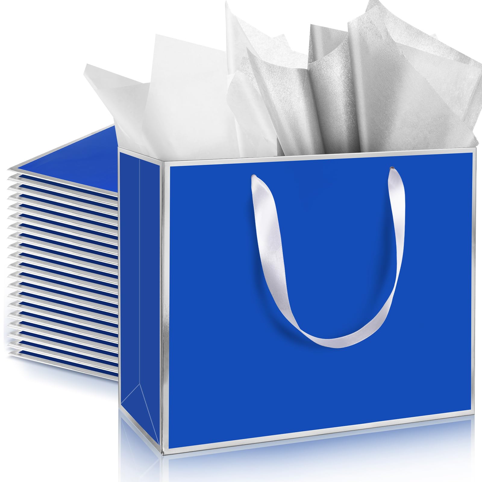 ReliThick 12 Pack Paper Gift Bag with Handles &amp; Tissue, Royal Blue,Silver