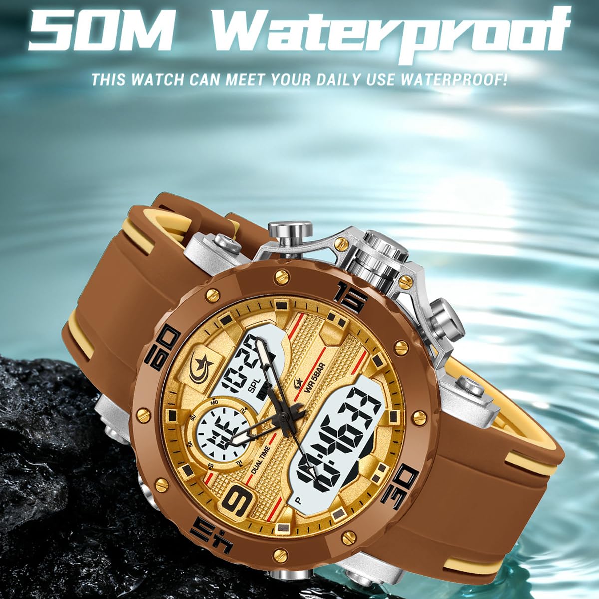 findtime Orologio sportivo da uomo, analogico, digitale, militare, tattico, impermeabile, doppio fuso orario, LED luminoso, sveglia, cronometro
