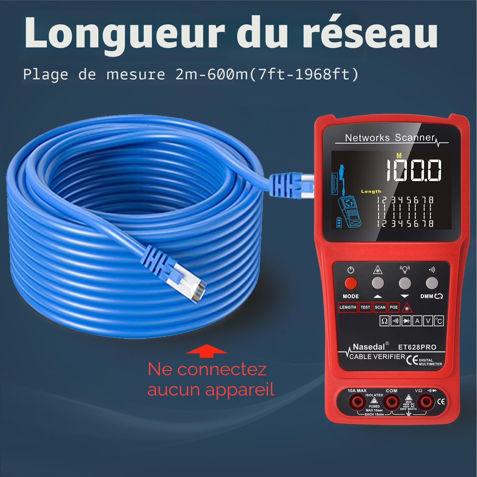 Network Cable Testeur de fil Tracker Générateur de tonalité Ethernet Testeur Multimètre VFL 3 en 1 RJ45 CAT5 CAT6 CAT7 CAT8 RJ11 Tone BNC Testeur PoE Câble Longueur (ET628 PRO)