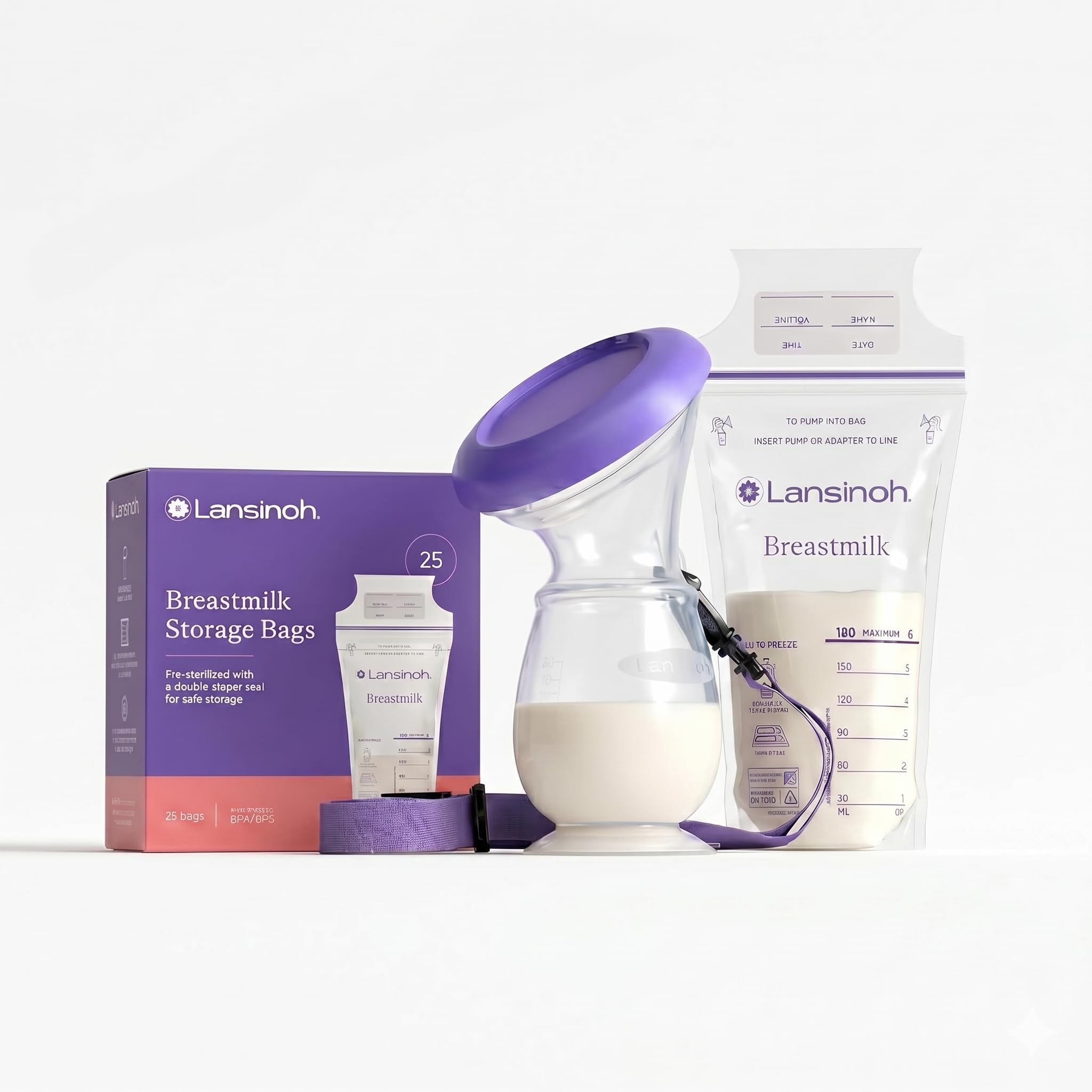 Lansinoh Silicone Manual Breast Pump with Hands-Free Suction & Breast Milk Storage Bags (180ml, 25 Count, Pre-Sterilized)-image-41