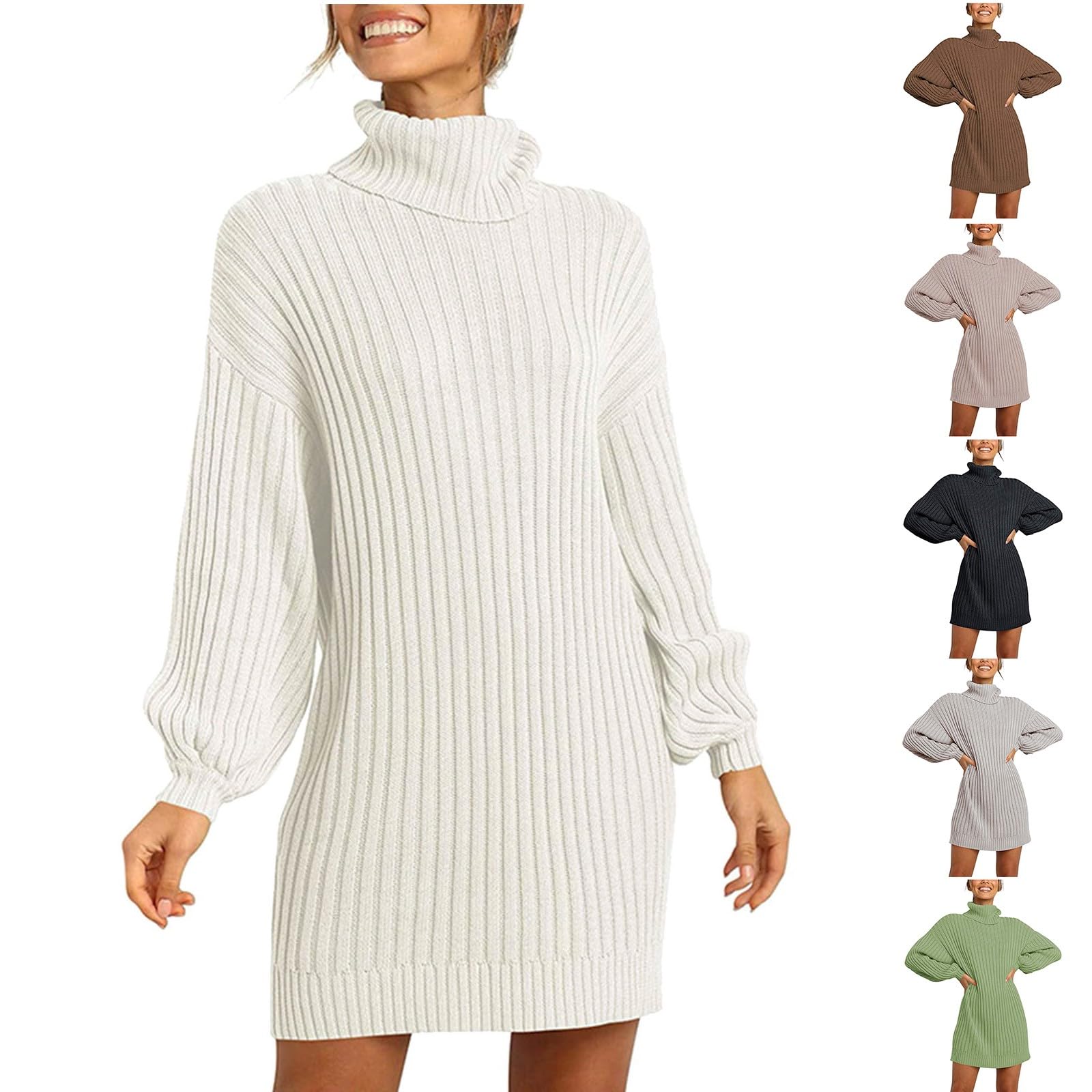 Womens Sweater Dresses for Fall Turtleneck Long Sleeve Ribbed Knit Top Loose Short Pullover Dress Outfits Clothes