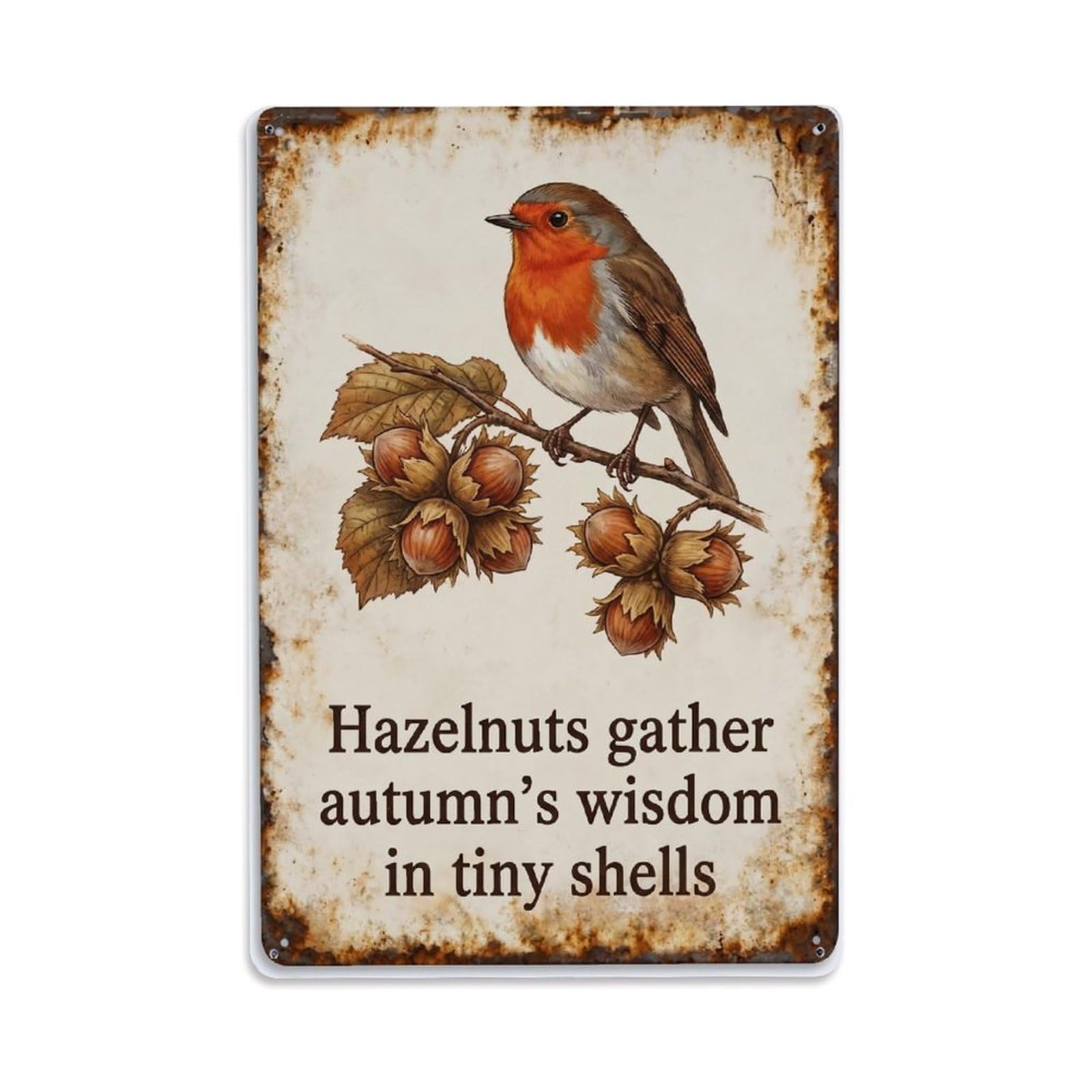 Fqnyr Style Robin Bird Garden Quote Hazelnut Branch Metal Tin Sign Plaque Wall Decor For Cafe, Club Bar, Office, Home Garden Metal Poster 8X12inch