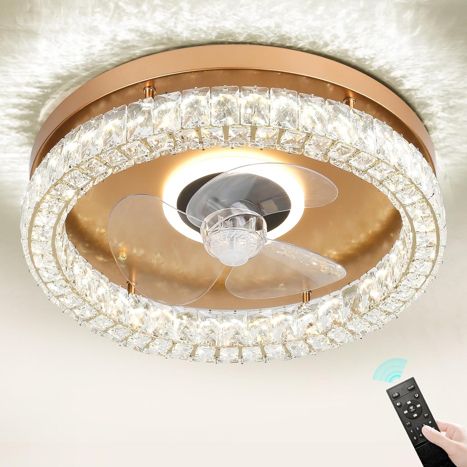 FRIXCHUR Modern Ceiling Fans with Lights and Remote, Dimmable Low Profile Ceiling Fan,Flush Mount Ceiling Fan Stepless Color Temperature Change and 6 Speeds for Bedroom Living Room (Gold)