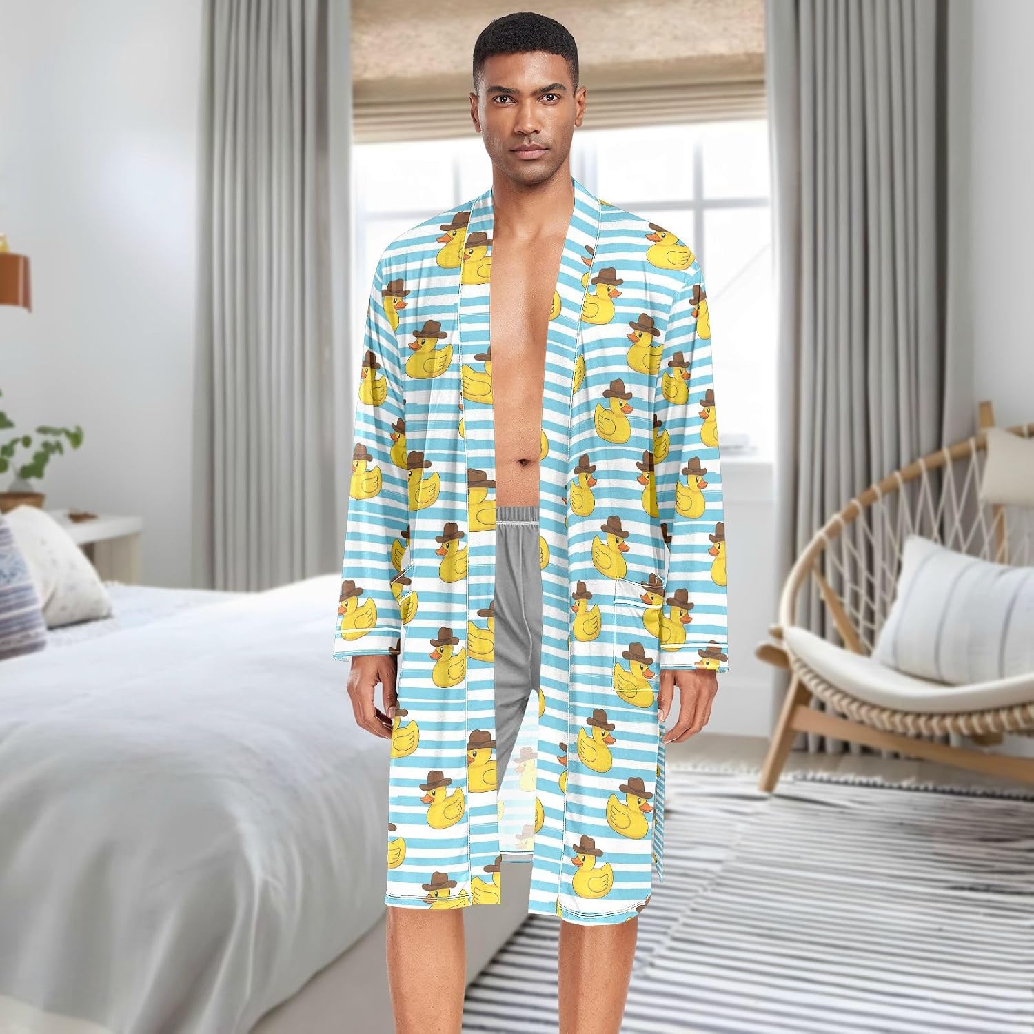 Men's Robe Lightweight Long Sleeve Kimono Bathrobe with Pockets Yellow Rubber Duck Nightgown Shower Robe
