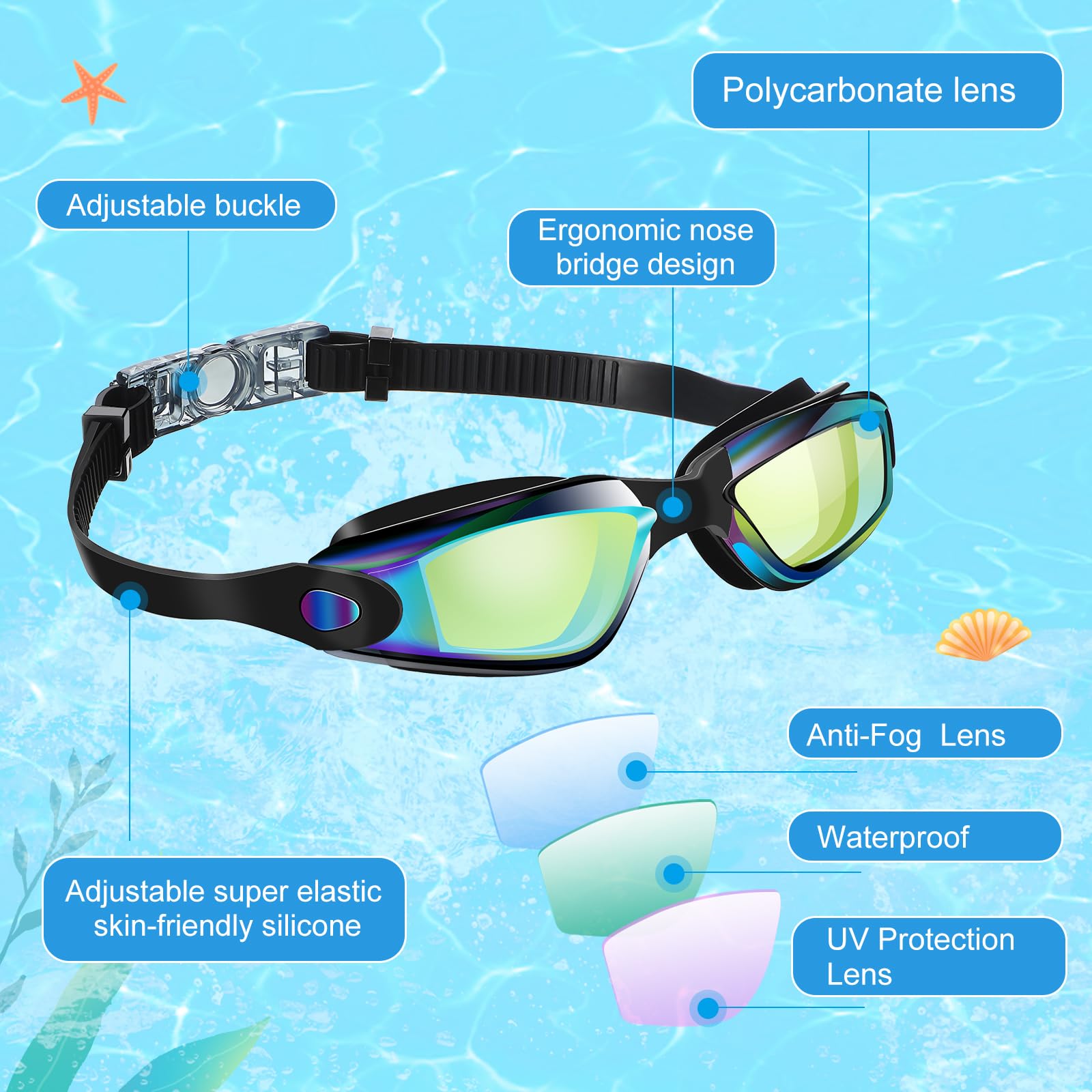 Flutesan Schwimmbrille aus Silikon, Anti-Beschlag-Schwimmbrille mit Nasenklammer, Ohrstöpsel, für Erwachsene und Kinder, 3 Farben, 3 Stück
