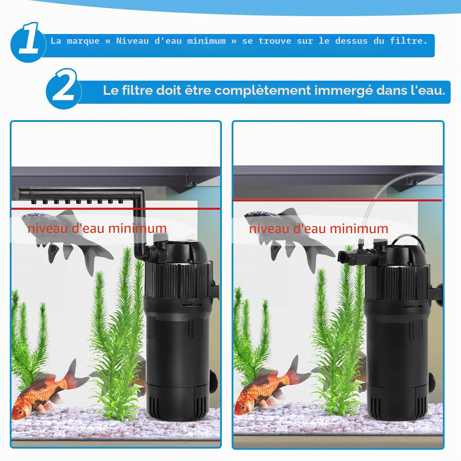 DBREAKS 5 en 1 Filtre Intérieur Aquarium 400 L/h avec 3W UVC Lampe & Minuterie, 4W Filtre Intérieur Réglable, Filtre UV Aquarium pour Réservoir Jusqu’à 40-120L, Pompe Aquariums avec Filtre