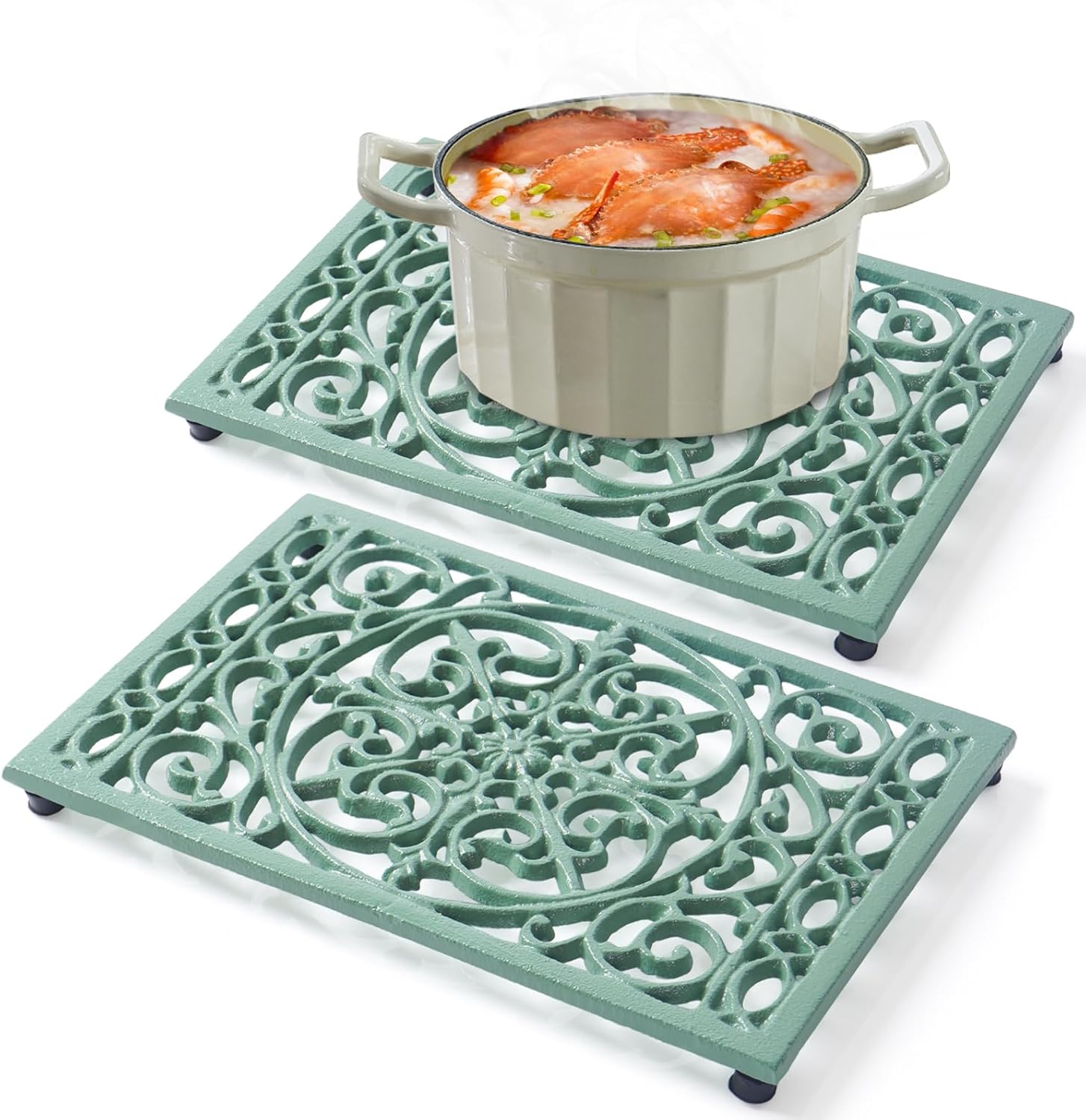 Cast Iron Trivets Metal Trivets with Rubber Feet for Hot Dishes Heat Resistant for Kitchen Cooktop and Dining Table Protection (Green Medium 2 Pack)