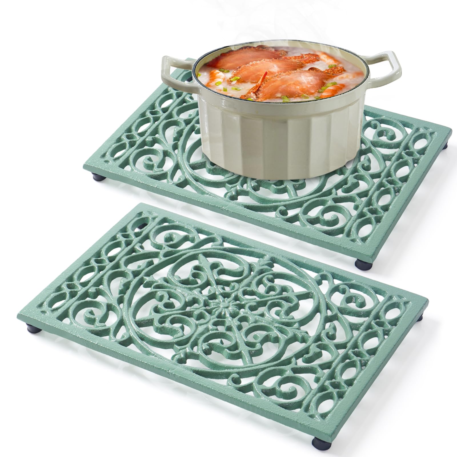 Cast Iron Trivets Metal Trivets with Rubber Feet for Hot Dishes Heat Resistant for Kitchen Cooktop and Dining Table Protection (Green Medium 2 Pack)