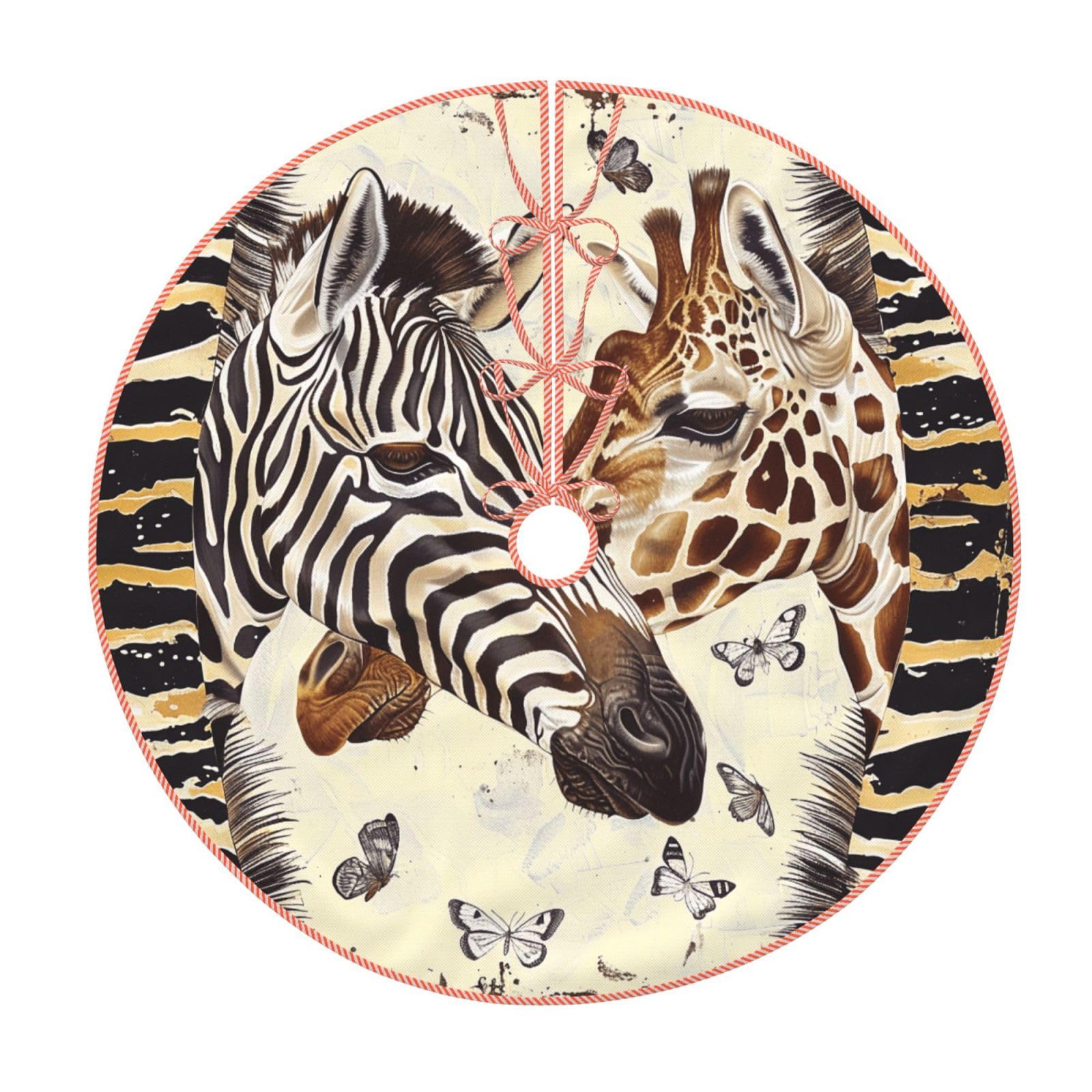 Zebra and Giraffe Printed Imitation Linen Christmas Tree Skirt with Stripe Bandage, Xmas Tree Cover Mat for Christmas New Year Party Home Decor, 30 inch