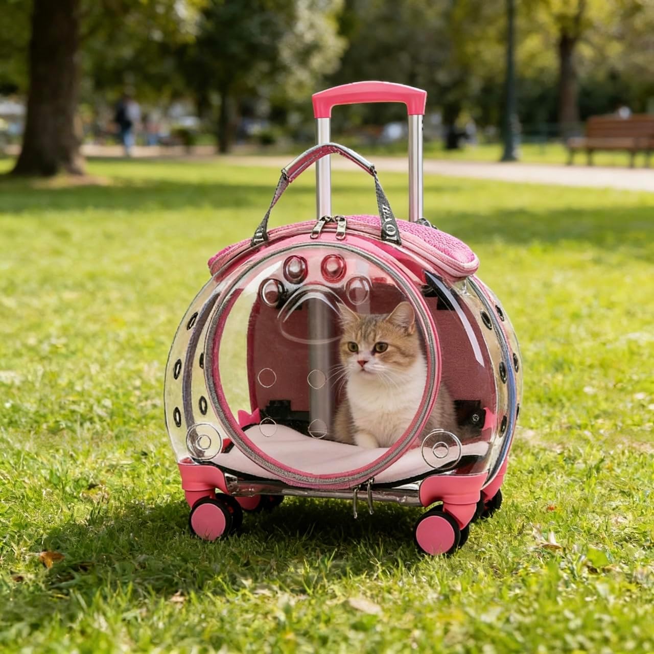Transparent Pet Trolley Case with Ventilation Holes & Silent Wheels, Breathable Pet Carrier with Telescopic Rod and Detachable Shoulder Strap, Portable Traveling Pet Backpack for Cats Dogs
