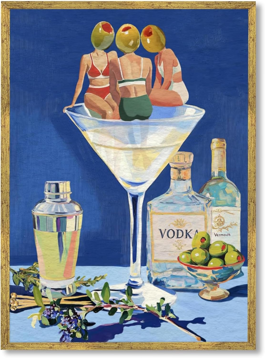 Impresiones artísticas vintage de cóctel para pared, retro, abstracto, bikini de oliva, pintura de Martini, fiesta de verano, divertido, caprichoso,