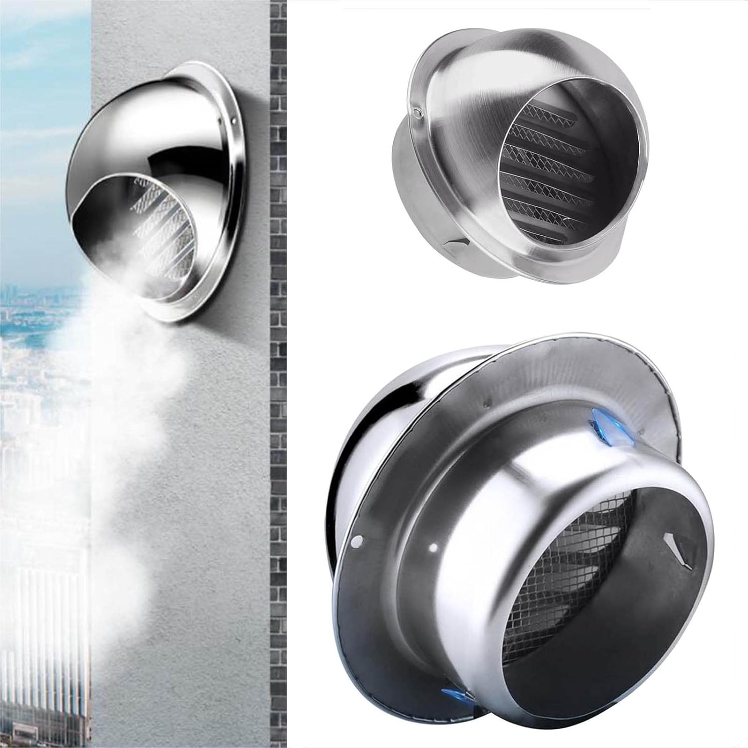 Air Ventilation Outlet Hood with 45° Louvres, 304 Stainless Steel Air Vent Built-in Screen Mesh, Rapid Ventilation, Round Wall Vent Outlet Cover for Hood Exhaust