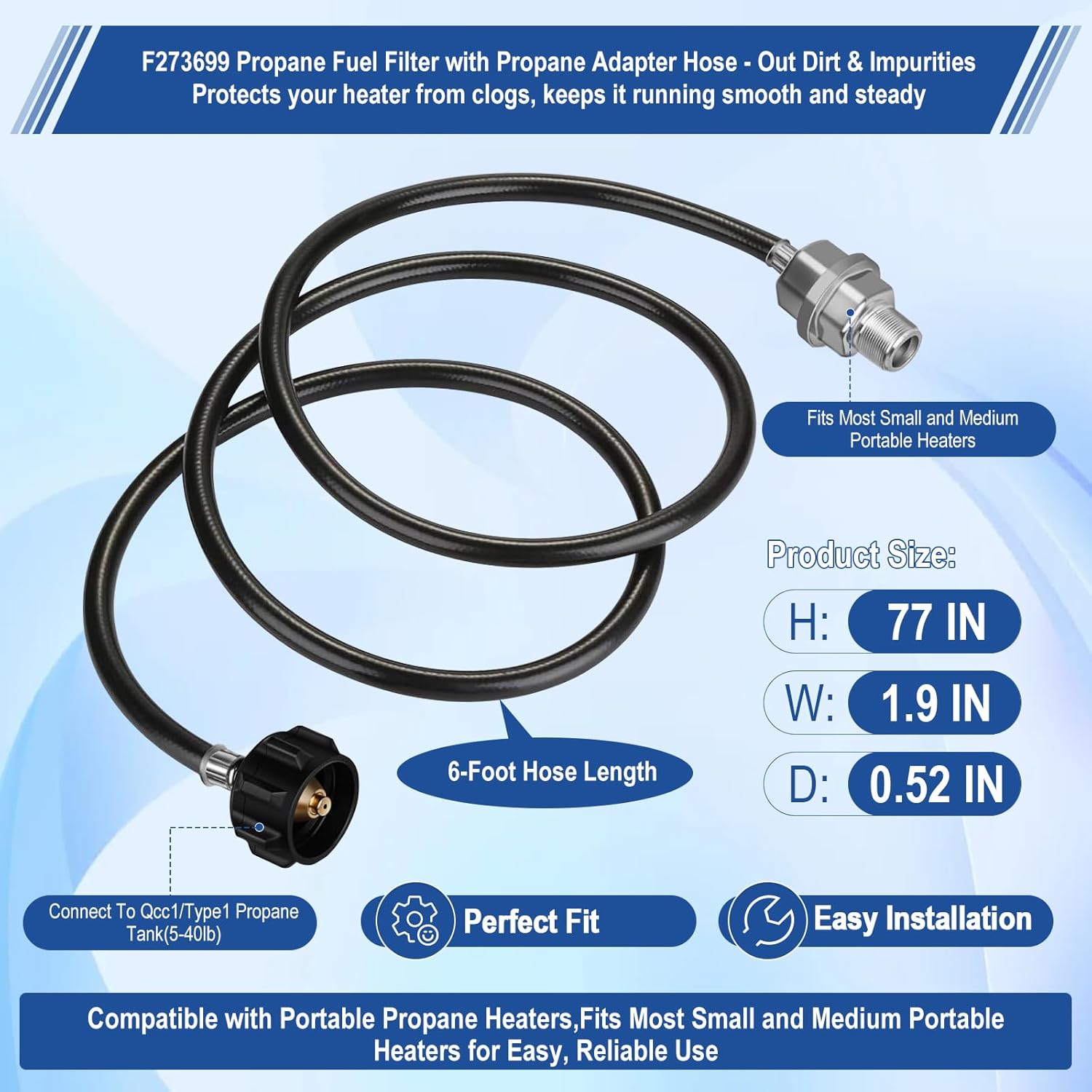 Propane Heater Fuel Filter F273699 with 6FT Propane Hose for Portable Propane Heater Series – Connect 20-45 lb Propane Tanks, Replaces F276163 F273704 F273701 F273702 Etc.