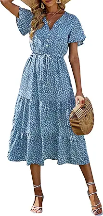 PRETTYGARDEN Summer Floral Dress for Women 2025 Casual Boho Short Sleeve Maxi Dresses V Neck Tiered Flowy Beach Sundress