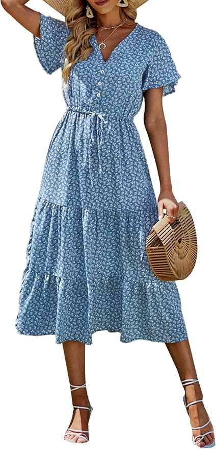 PRETTYGARDEN Summer Floral Dress for Women 2025 Casual Boho Short Sleeve Maxi Dresses V Neck Tiered Flowy Beach Sundress