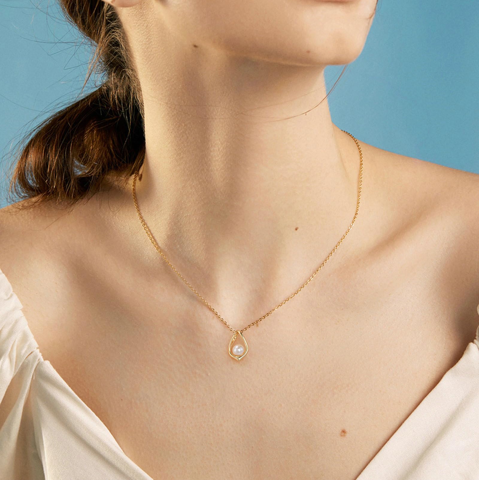 Collana Argento 925, Ciondolo a Goccia con Perla in Argento 925 per Donna Oro, Lunghezza 45cm
