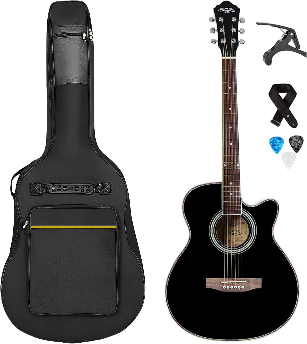 CARAVAN MUSIC 40 inch Acoustic Guitar in Full Size Beginner All Wood Cutaway Starter Set with Free Bag/Capo/Picks/Strap (BLACK)