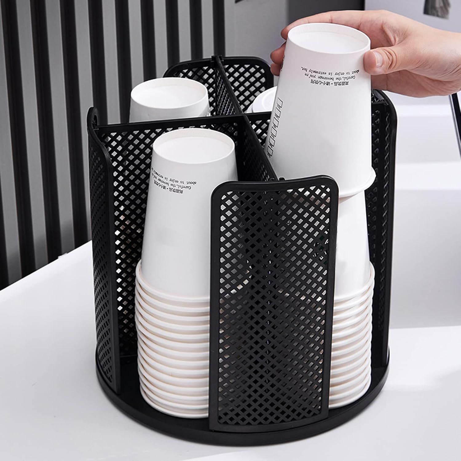 Cup and Lid Holder, 360° Rotatable Coffee Cup Dispenser with 4 Compartment, Black Cup and Lid Organizer for Countertop, Breakroom, Bathroom, Coffee Station, Bar, Buffet, Kitchen Cabinet