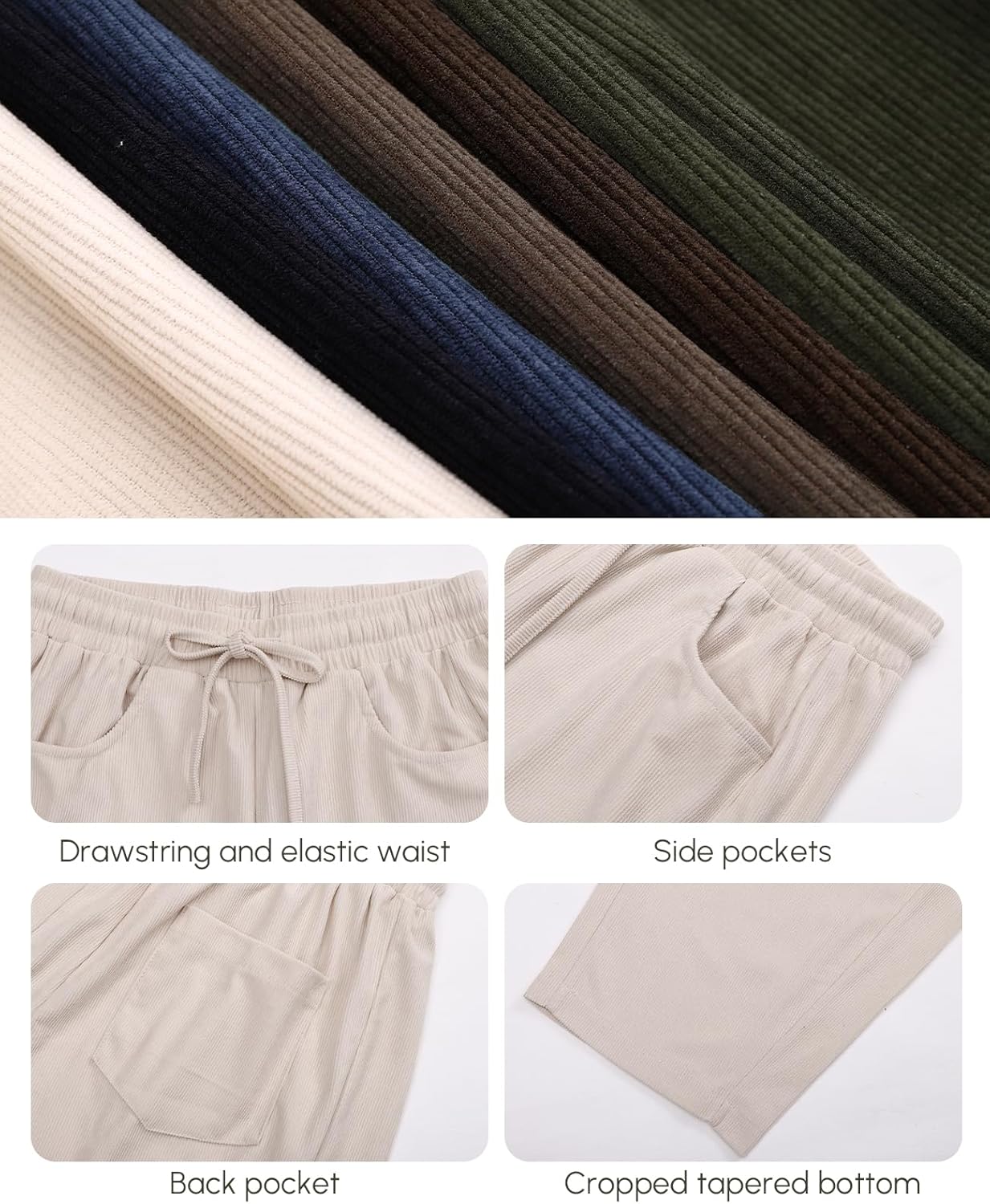 HOTIAN Womens Corduroy Pants Barrel Mid Rise Elastic Waist Loose Comfy Casual Baggy Trouser with Pockets - Image 6