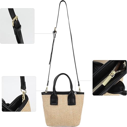 Miniatura 7 de Bolso cruzado tejido de paja pequeña para mujer, bolso con asa superior, bolsa de cubo con cremallera