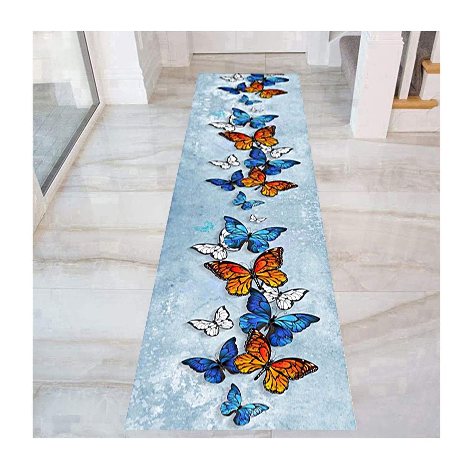 HAIPENG Colorful Butterfly Runner Rug for Hallway, 6mm Entrance Mat with Anti Slip Backing for Corridor Bedroom Kitchen, Washable, Blue (Color : Multi-colored, Size : 60x150cm)