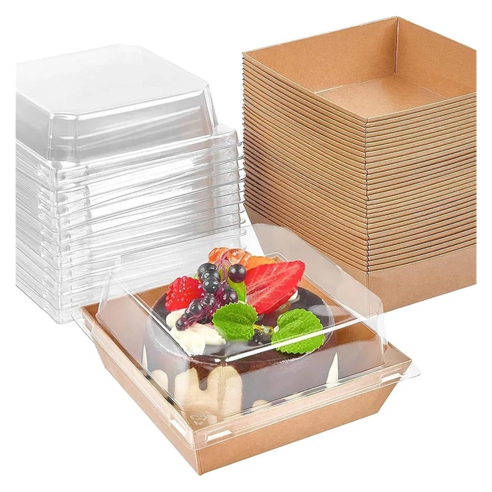 Cajas de papel kraft para tartas, 50 unidades, con tapas transparentes, recipientes desechables para charcutería