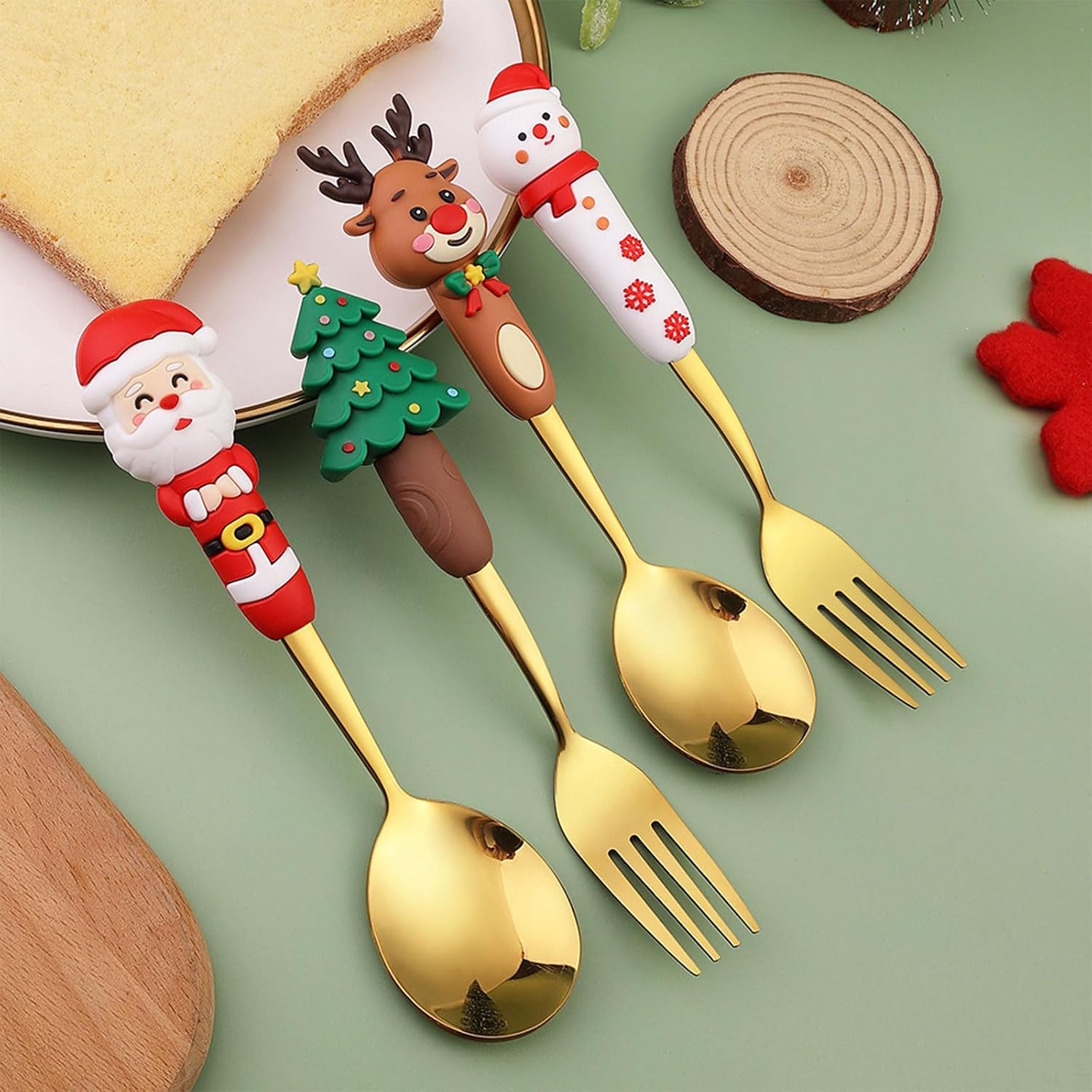 Christmas Cutlery Set 410Stainless Steel Spoon and Fork with Festival Designs Fruit Cake for Holiday Dining Christmas Spoon and Fork