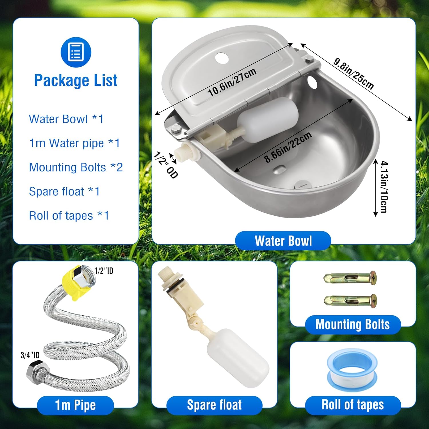 Automatic Animal Drinking Water Bowl with Float Valve,304 Stainless Steel Livestock Dispenser Waterer with Drainage Hole,Includes Water Bowl,3/4''Water Hose,2 Float Valves and Mounting Bolts (Style 2)