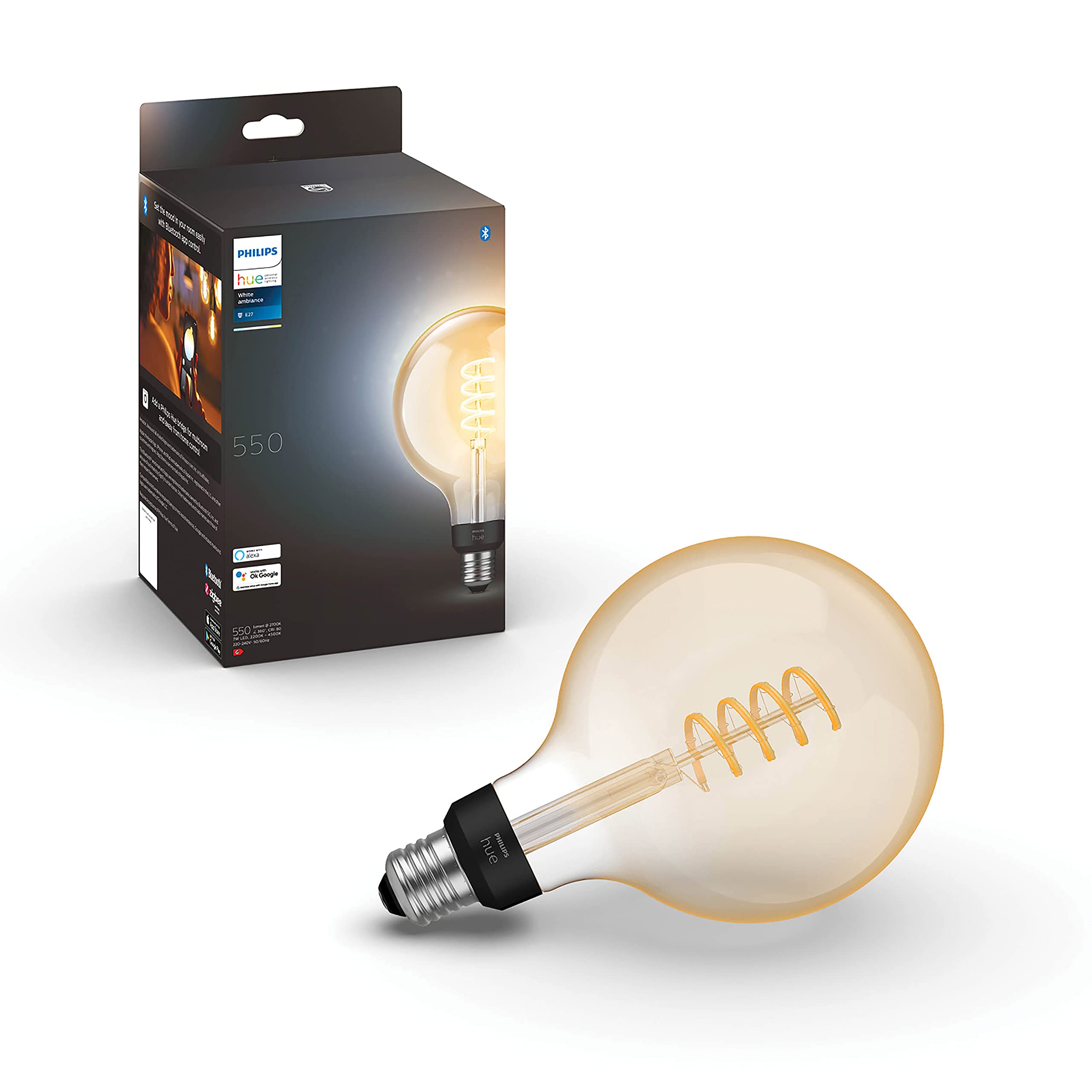 Philips Hue Starterpaket - E27 - mit 2 Filament Globe Lampen Groß (G125) - Warm bis Kaltweißes Licht - inkl. 1 Hue Bridge - Hue White Ambiance Filament