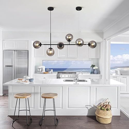 Miniatura 7 de KCO - Lámpara colgante de mediados de siglo de 6 luces, con globos de cristal color gris ahumado, moderno candelabro colgante ajustable para
