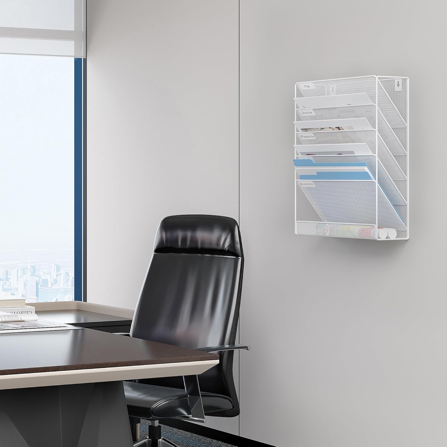 EasyPAG 5 Tier Wall File Holder, Mesh Hanging Folder Organizer with Classify Label, Versatile Desk File Holder, Vertical Wall Mounted Mail Organizer for Office Home Cubicle, White