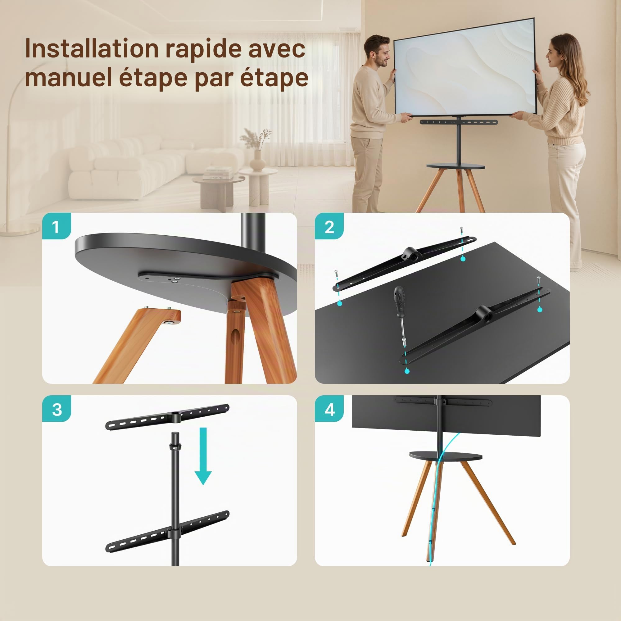 PEGZONE Support TV sur Pied pour Écrans 45 à 65 Pouces, 40 kg | Trépied TV en Bois avec Tablette, Hauteur Réglable, Pivotant, VESA Max 600 × 400 mm, pour la Maison